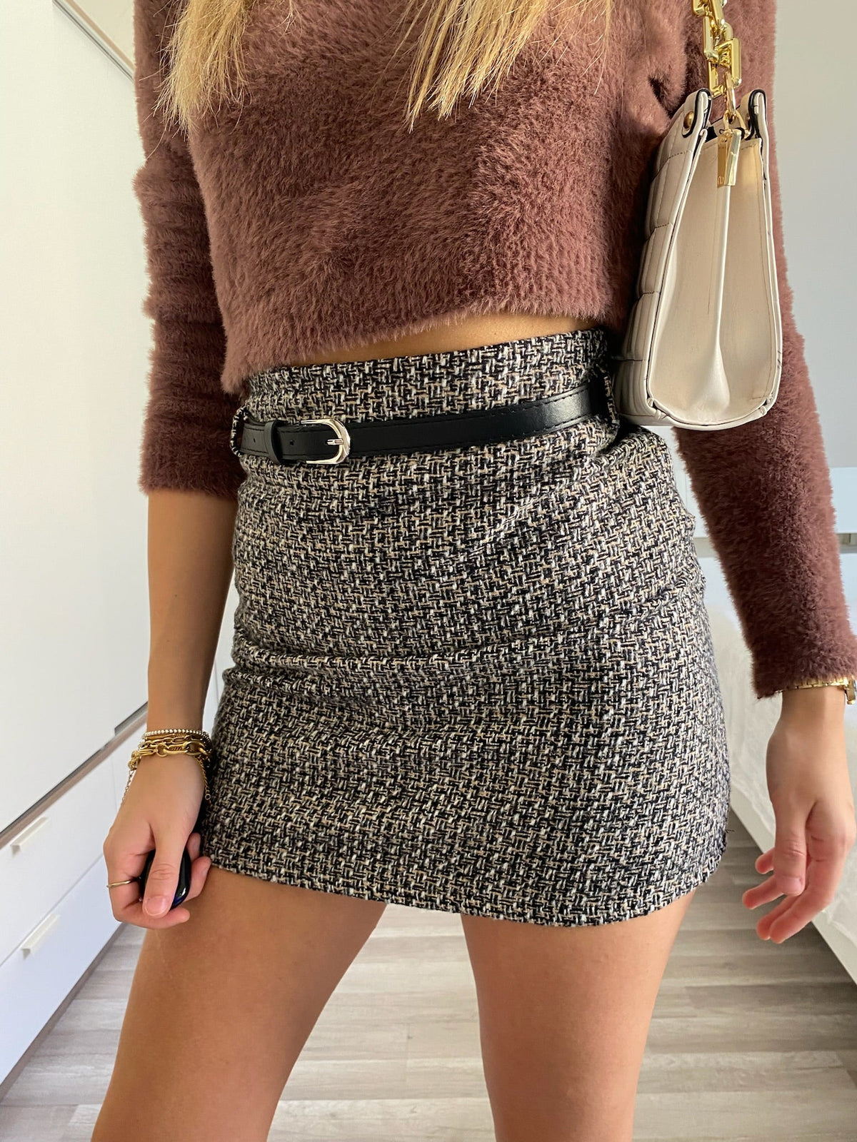 Gonna in tweed nero beige