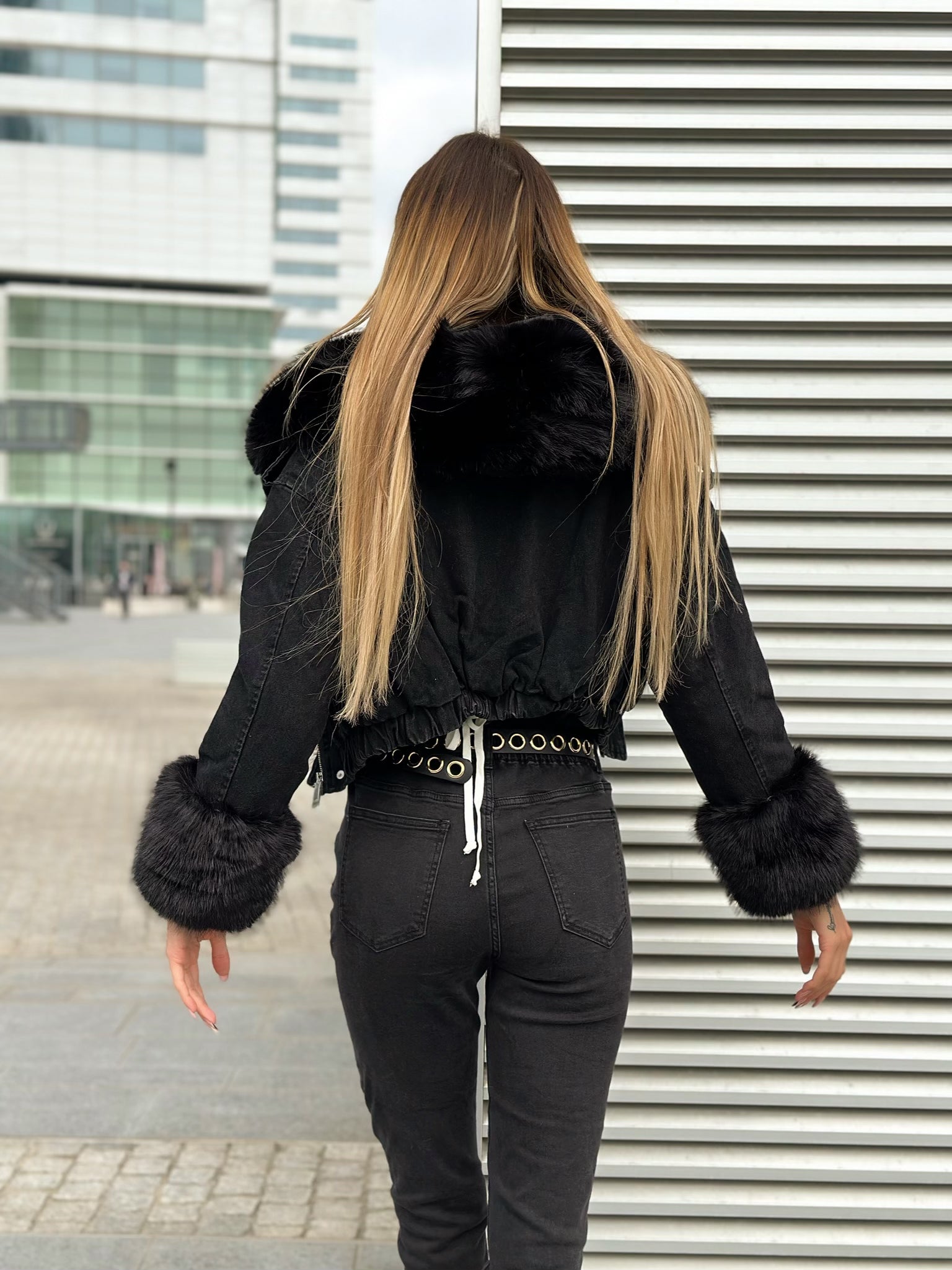 Giaccone di jeans nero pelo nero