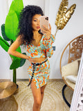 Completo top e gonna con fiori arancio base verdeacqua