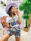 Completo etnico Short e t-shirt base Celeste e lilla