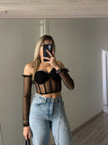 Top nero in velo e strass