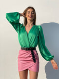 Body in raso scollo a V verde smeraldo