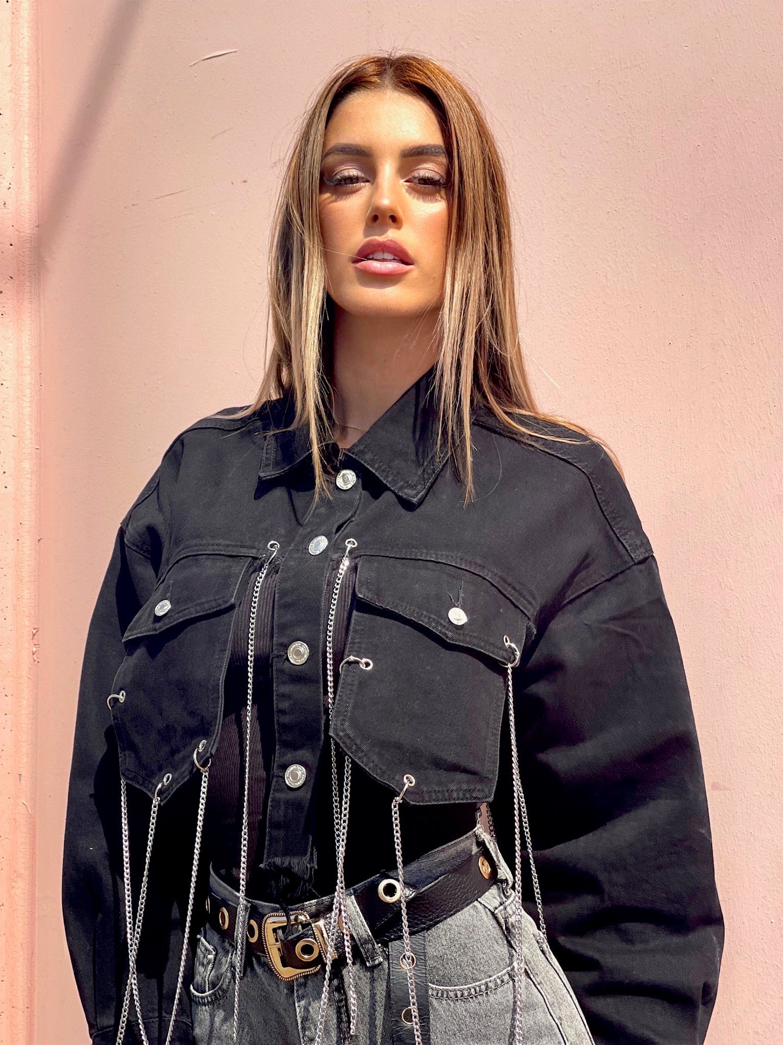 Giacca in jeans nero con frange