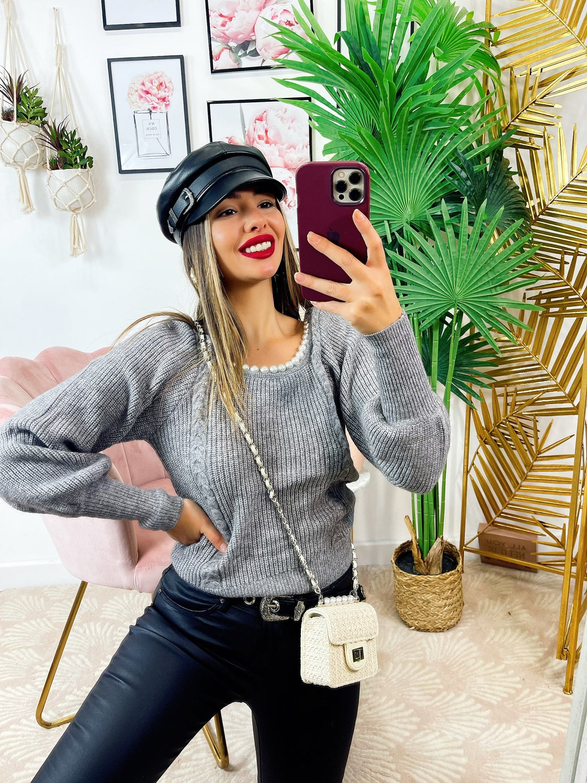 Maglione con scollo a u con perle grigio