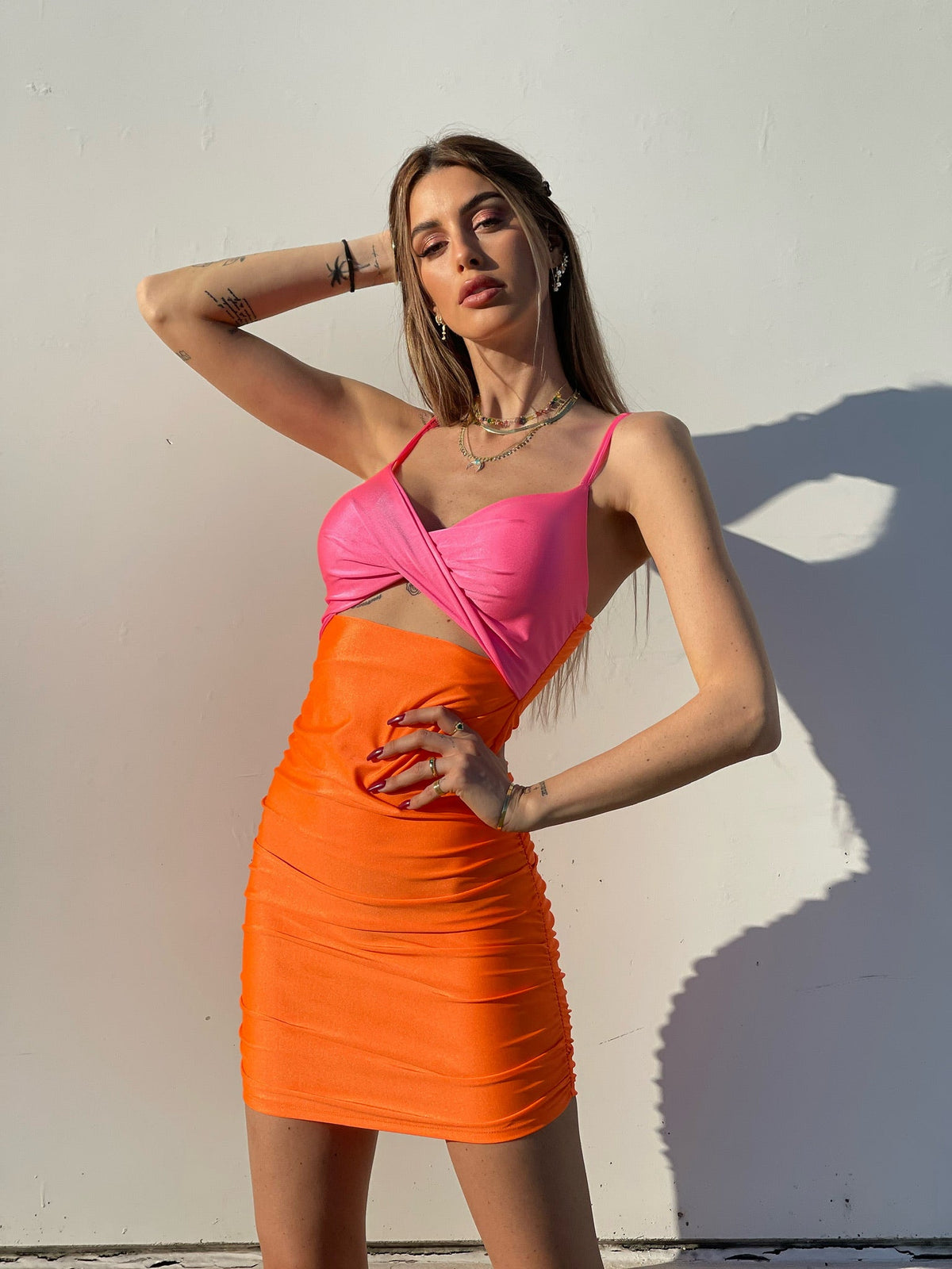 Abito bicolore arancio Fuxia