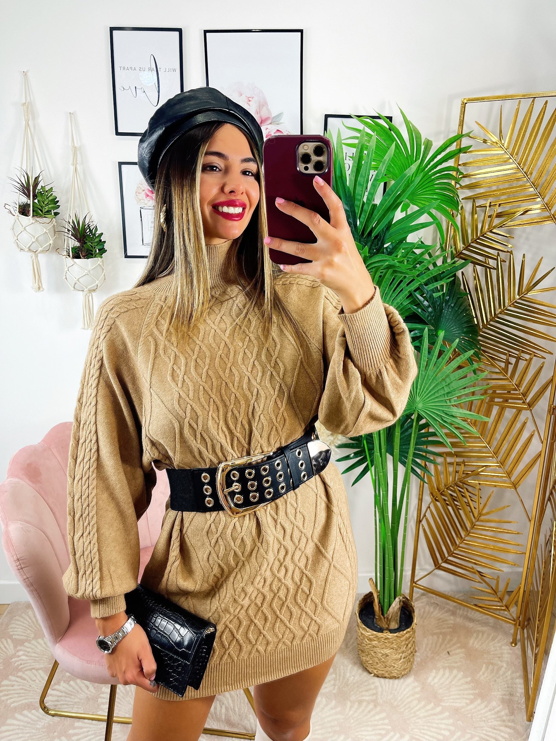 Maxi maglione top quality a trecce camel