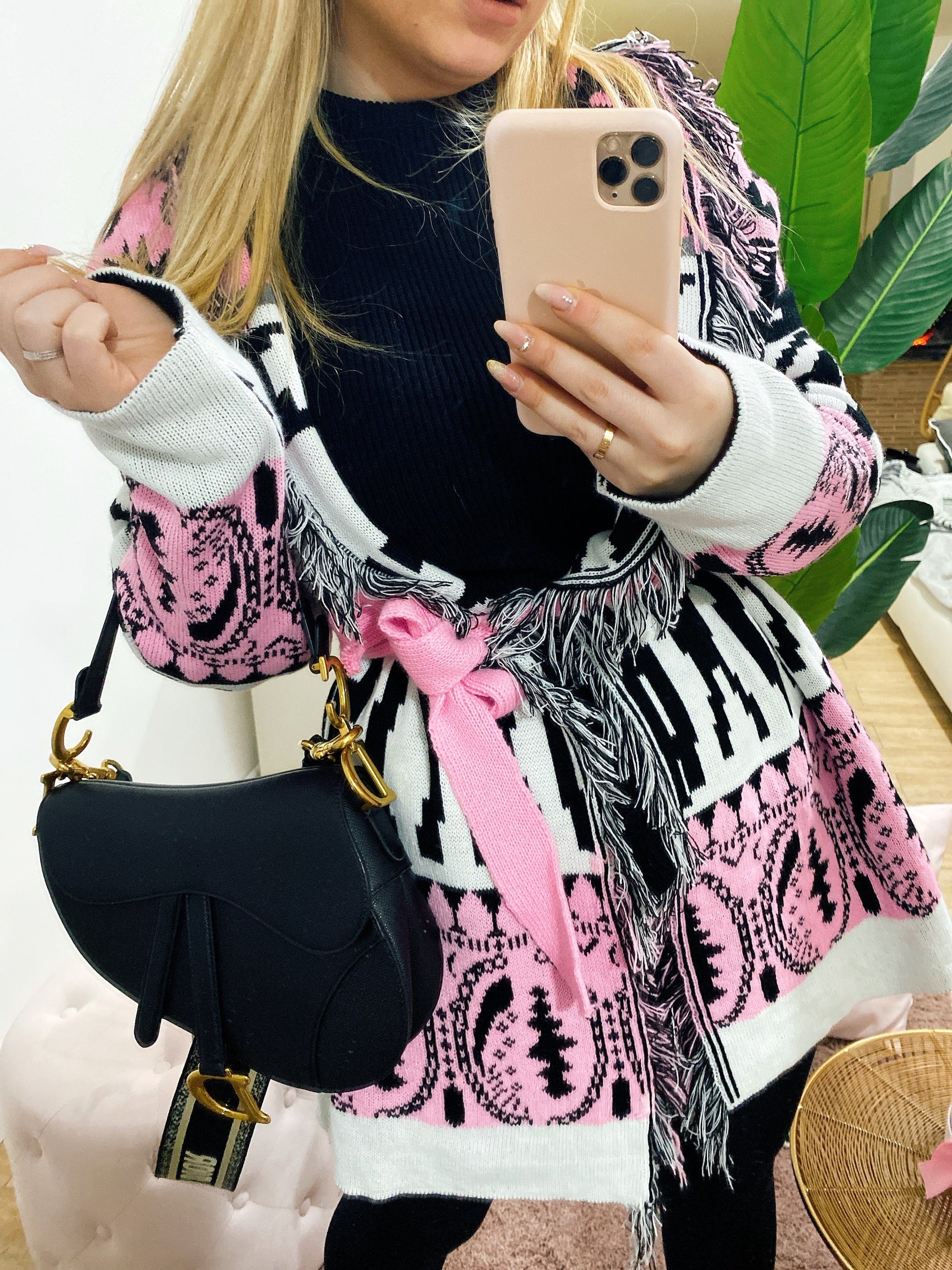 Cardigan Rosa Angel con frange e cinta