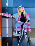 Cardigan Fuxia con frange e cinta