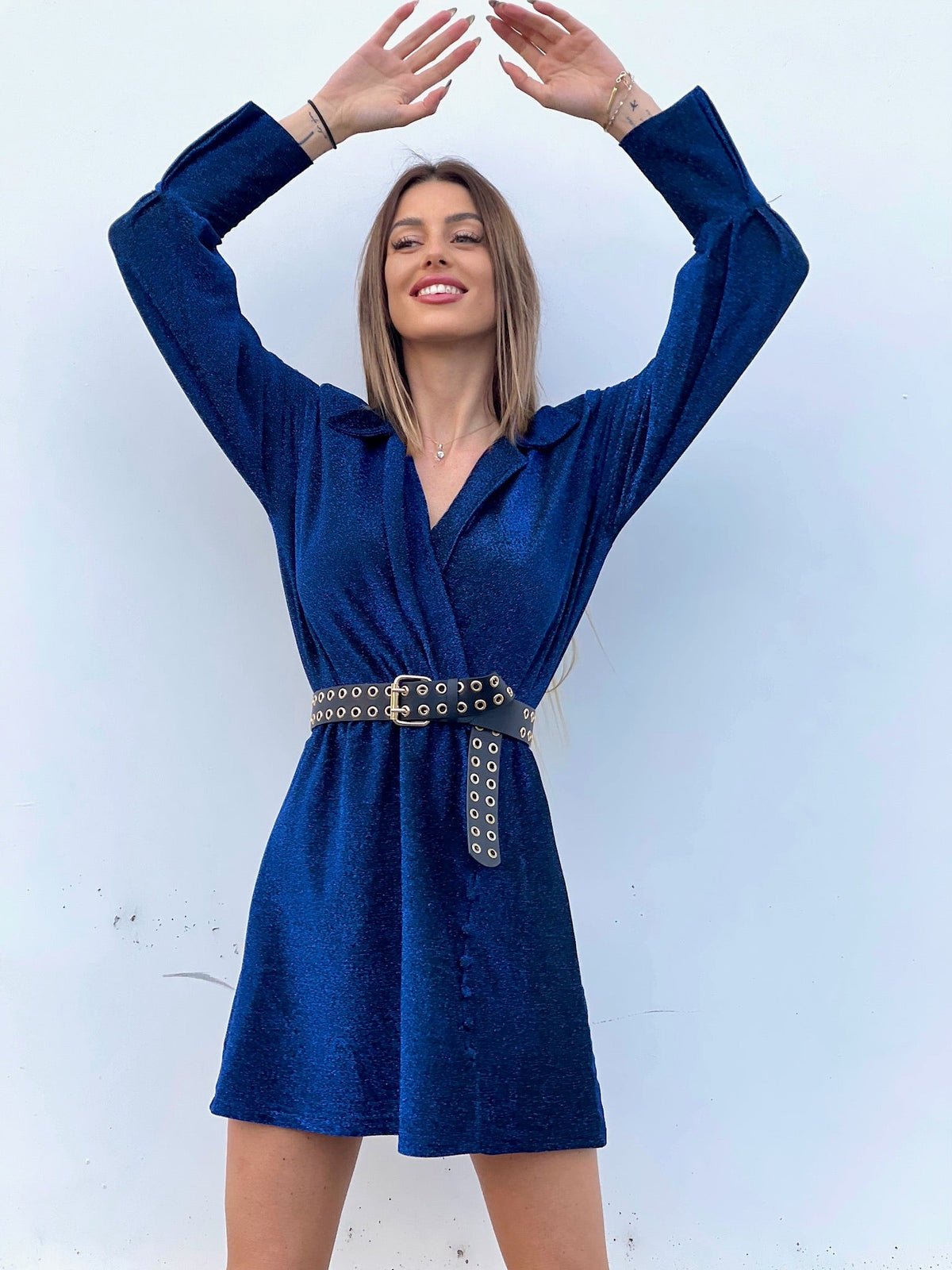 Abito glitter blu con colletto