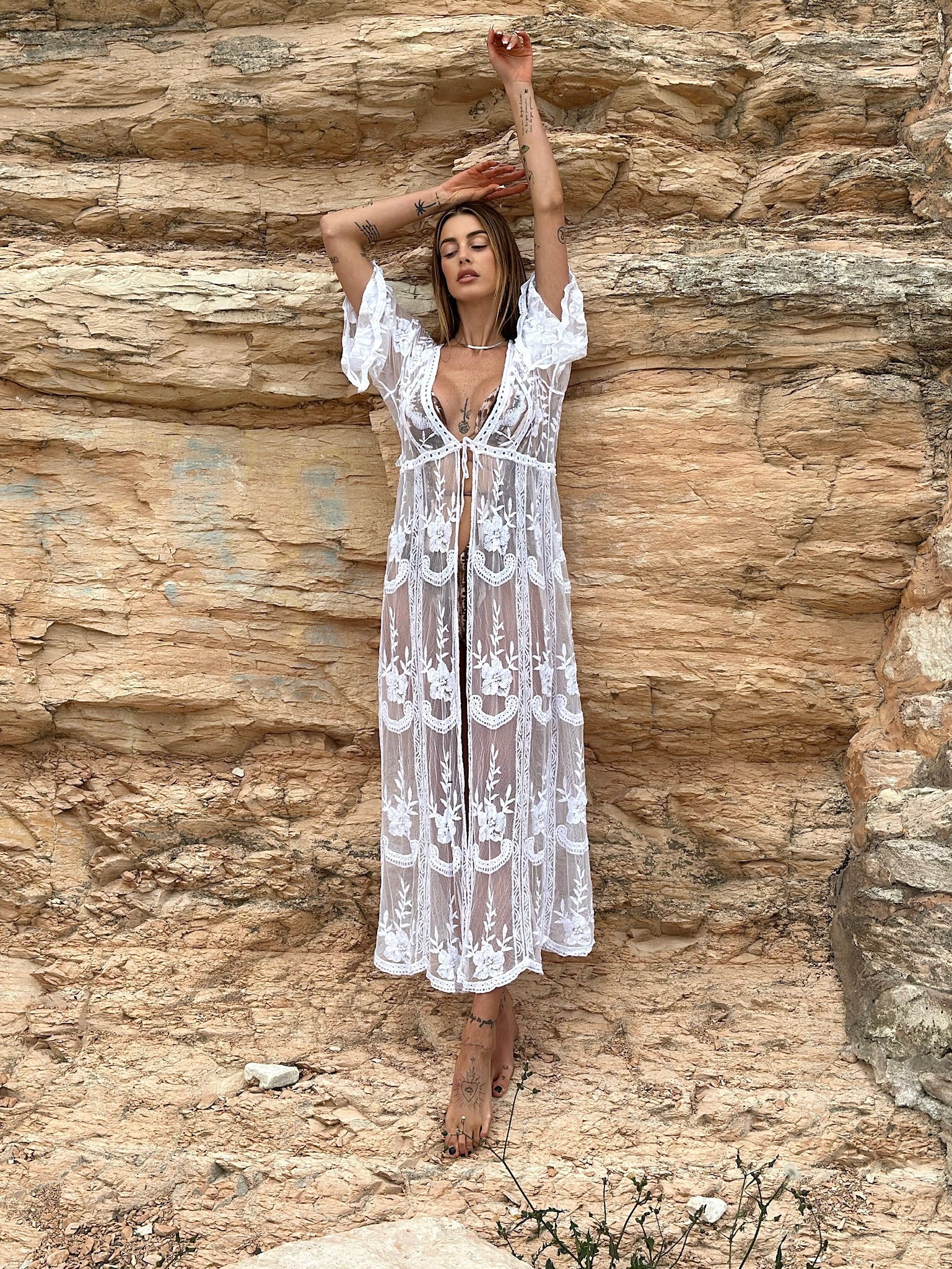 Pareo/kimono lungo in pizzo bianco