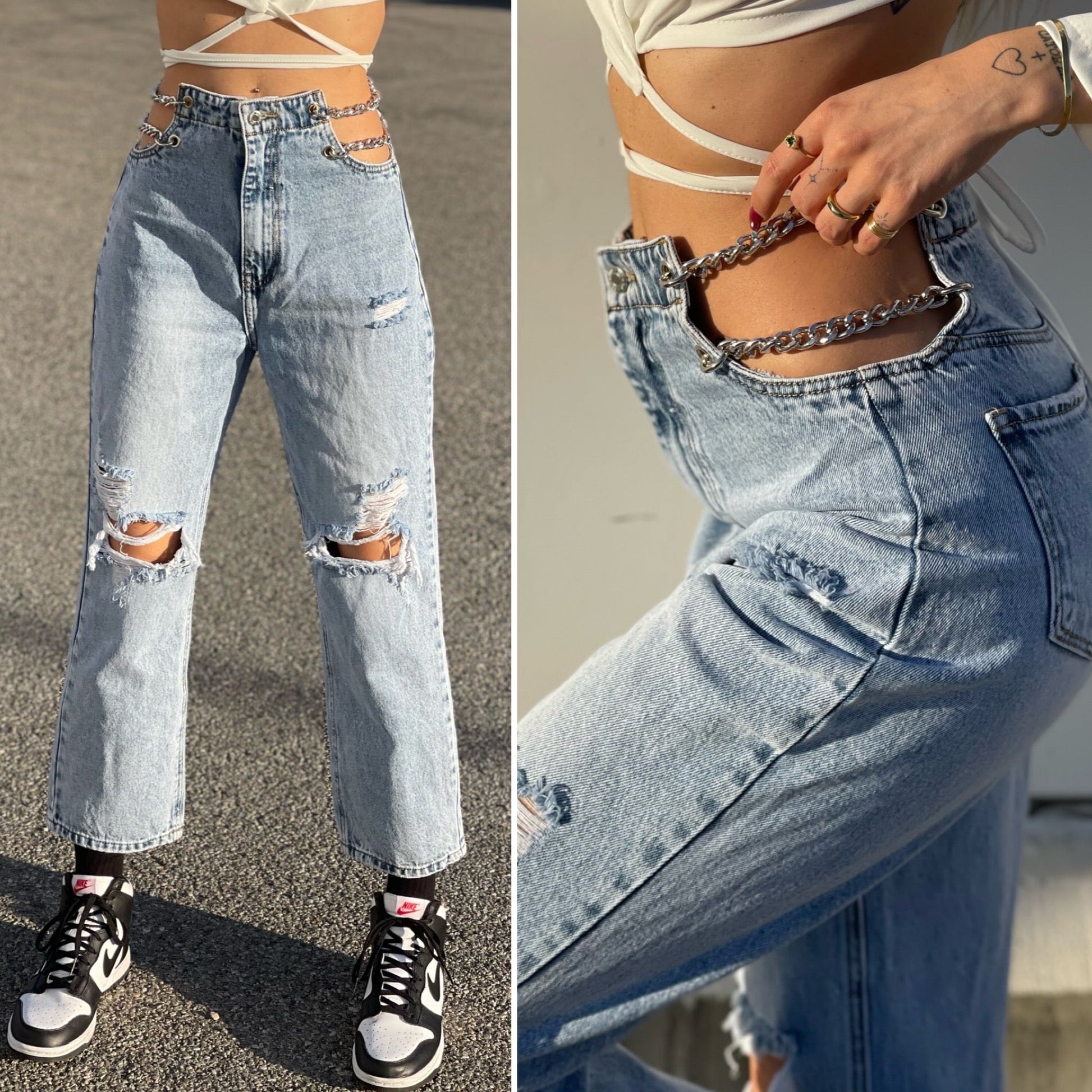 Jeans con catena argento