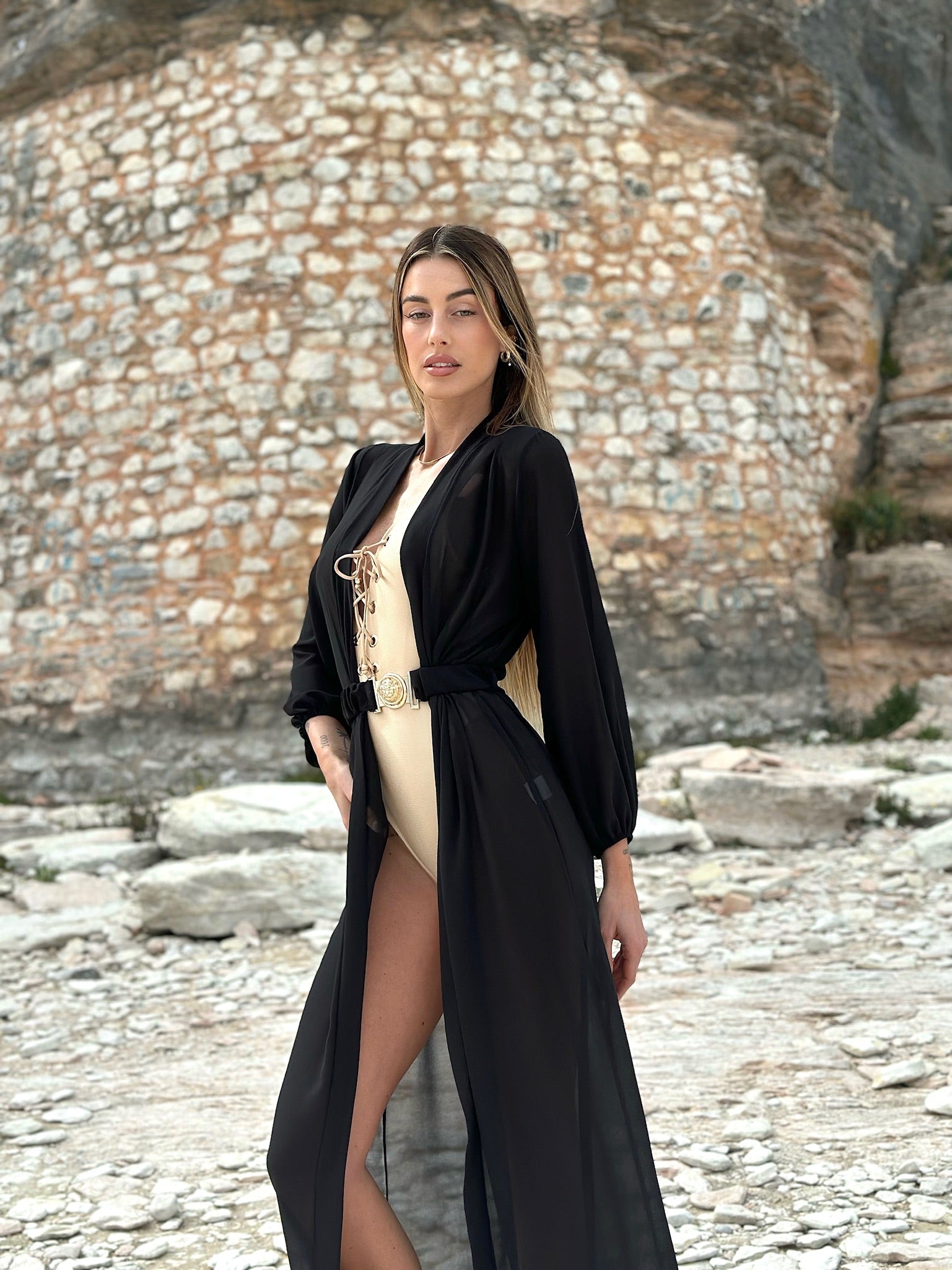 Pareo/ kimono nero con cintura oro