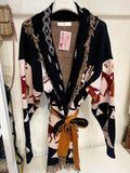 Cardigan frange e cinta con cavallo nero