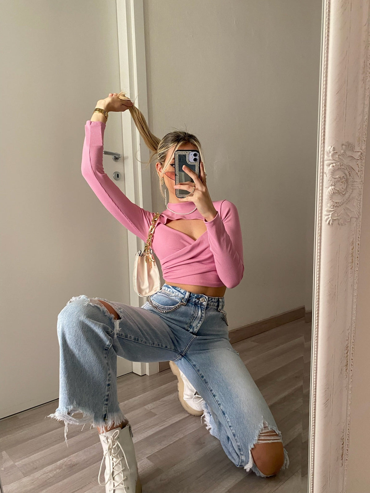 Top a costine rosa