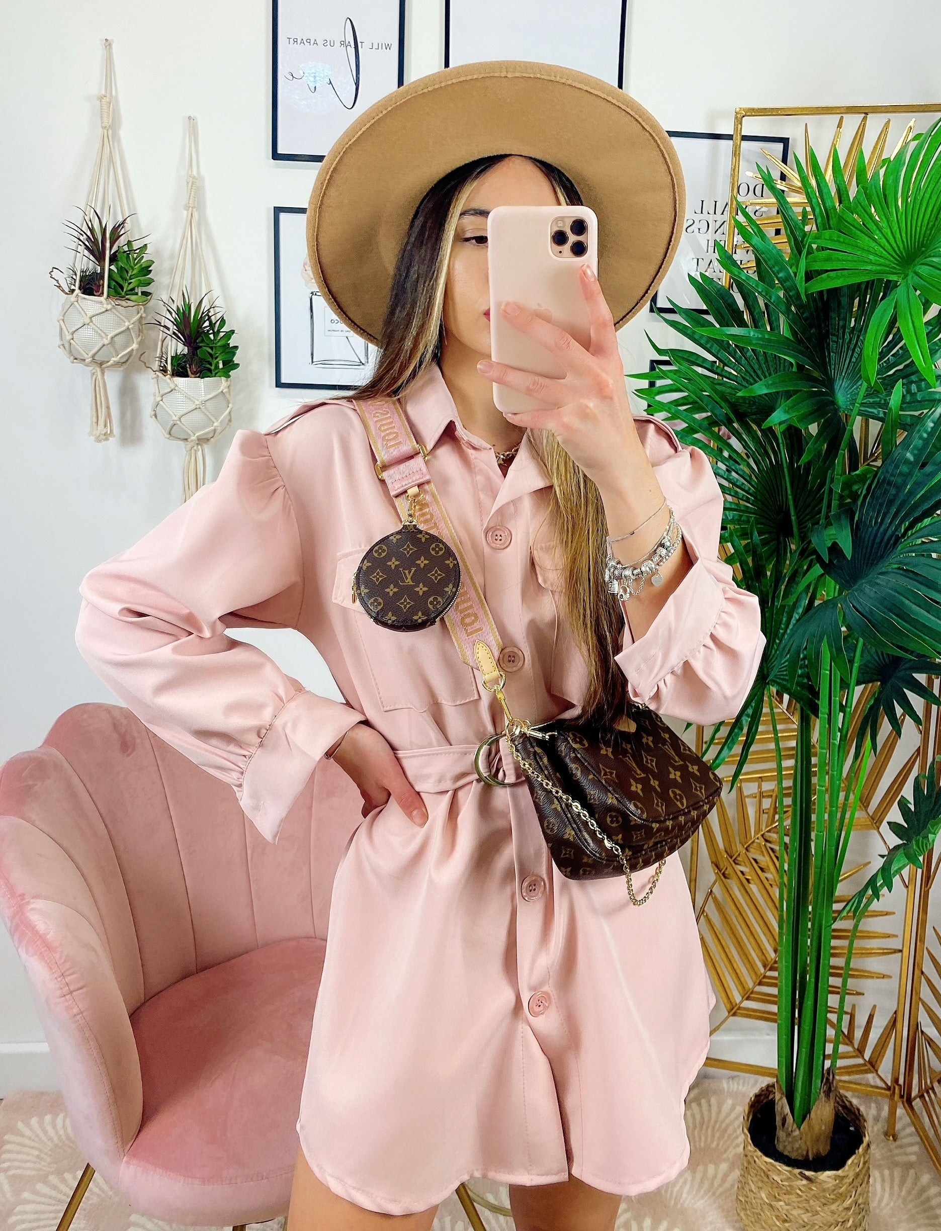 Abito a camicia con cintura Rosa