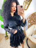 Abito a balze nero con glitter argento