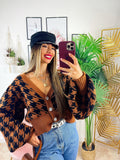 Cardigan con gioiello a trama Camel nero