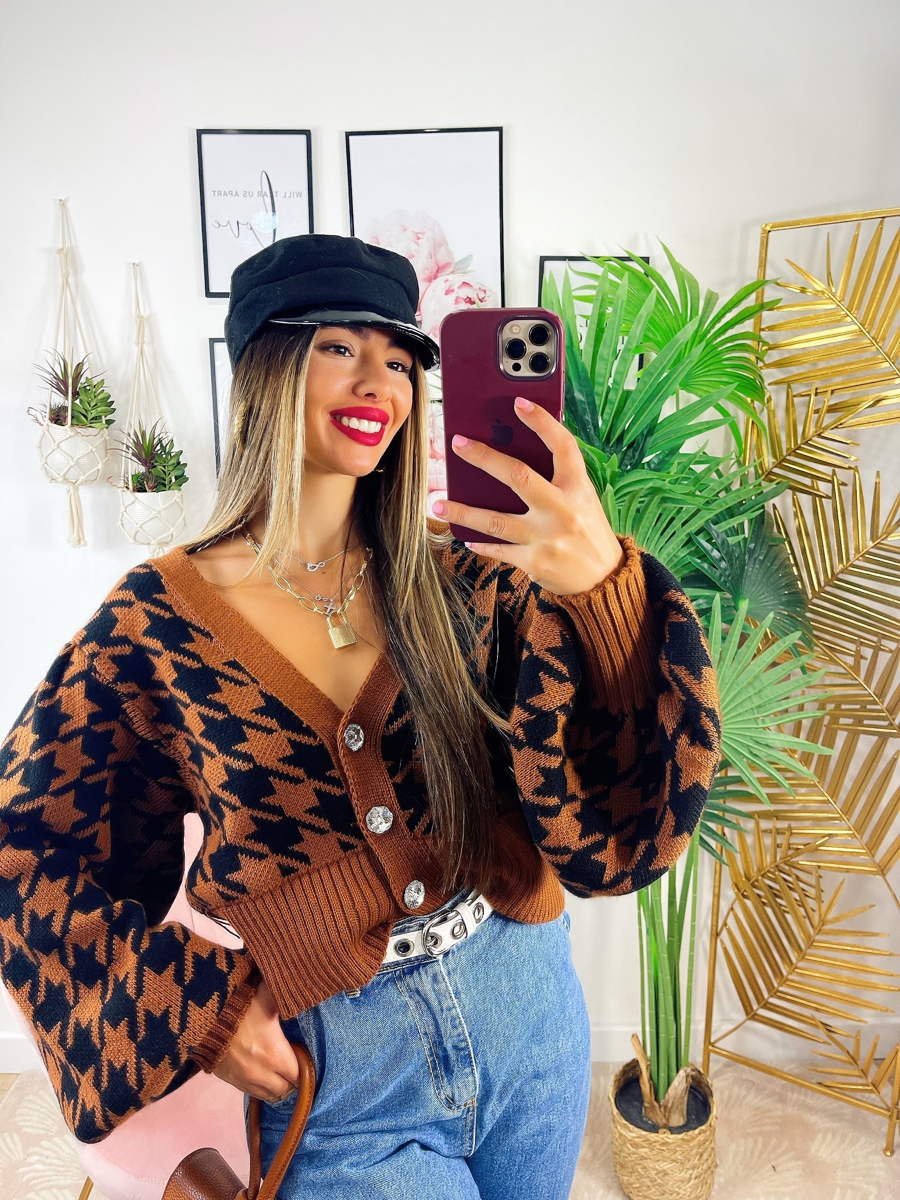 Cardigan con gioiello a trama Camel nero