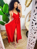 Abito in raso con maxi spacco