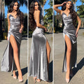 Abito in raso silver con drappeggio
