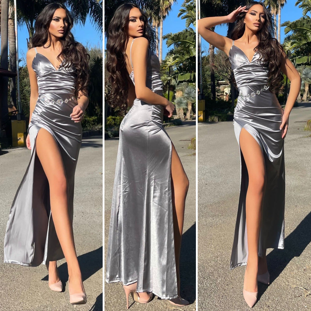 Abito in raso silver con drappeggio
