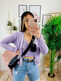 Cardigan primaverile con trecce lilla