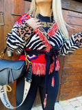 Cardigan corto frange e cinta rosso maculato