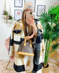 Giacca a quadri Beige nero lunga con frange