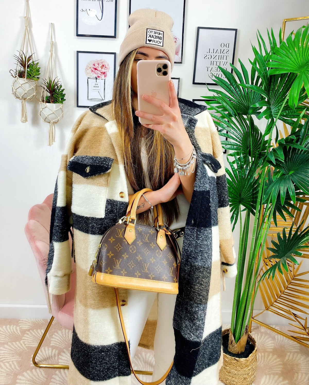 Giacca a quadri Beige nero lunga con frange