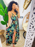 Abito in raso floreale con maxi spacco nero