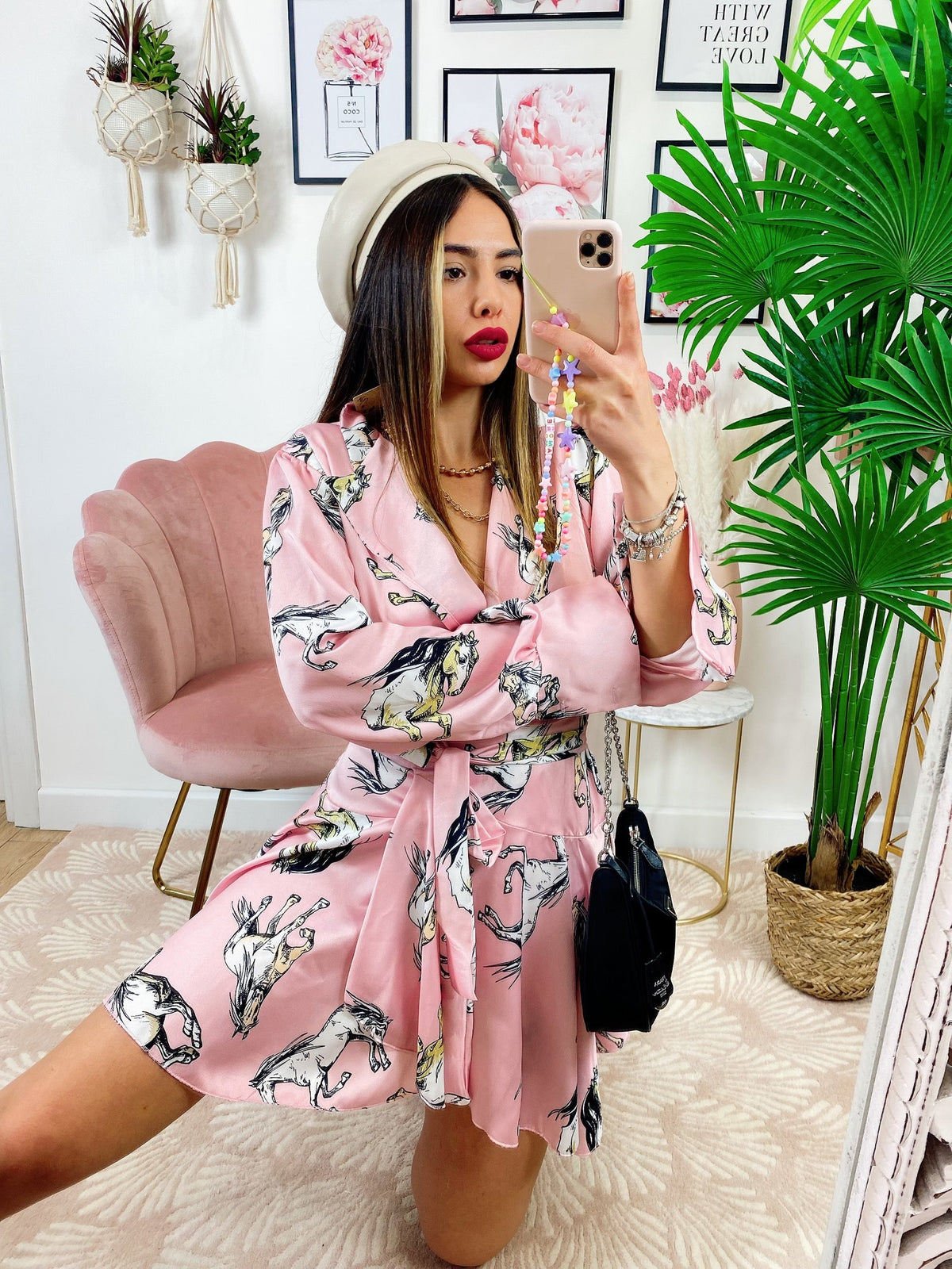 Kimono ad abito stampa cavallo Rosa
