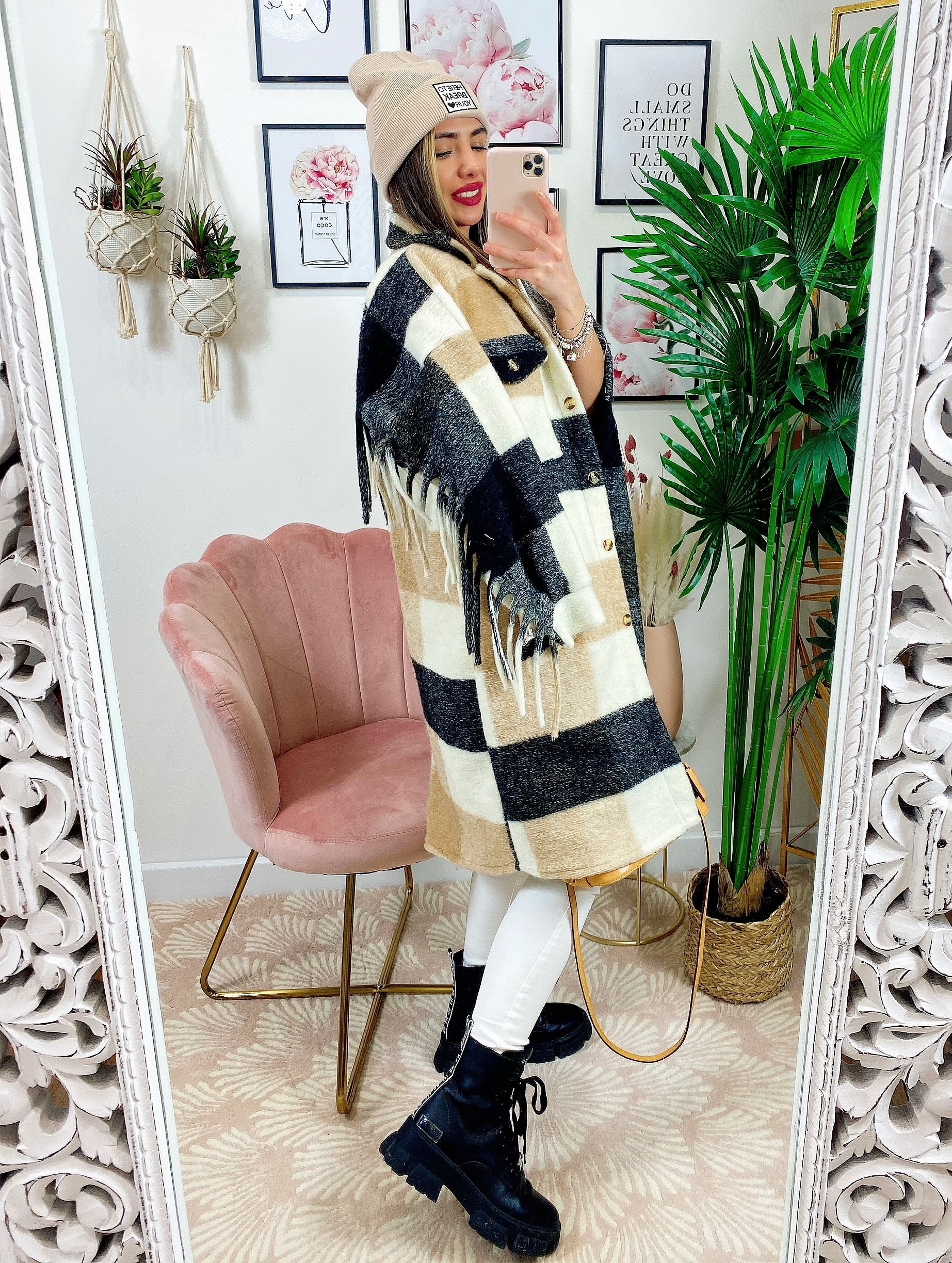 Giacca a quadri Beige nero lunga con frange