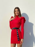 Abito a costine Rosso con Rouches sulle maniche