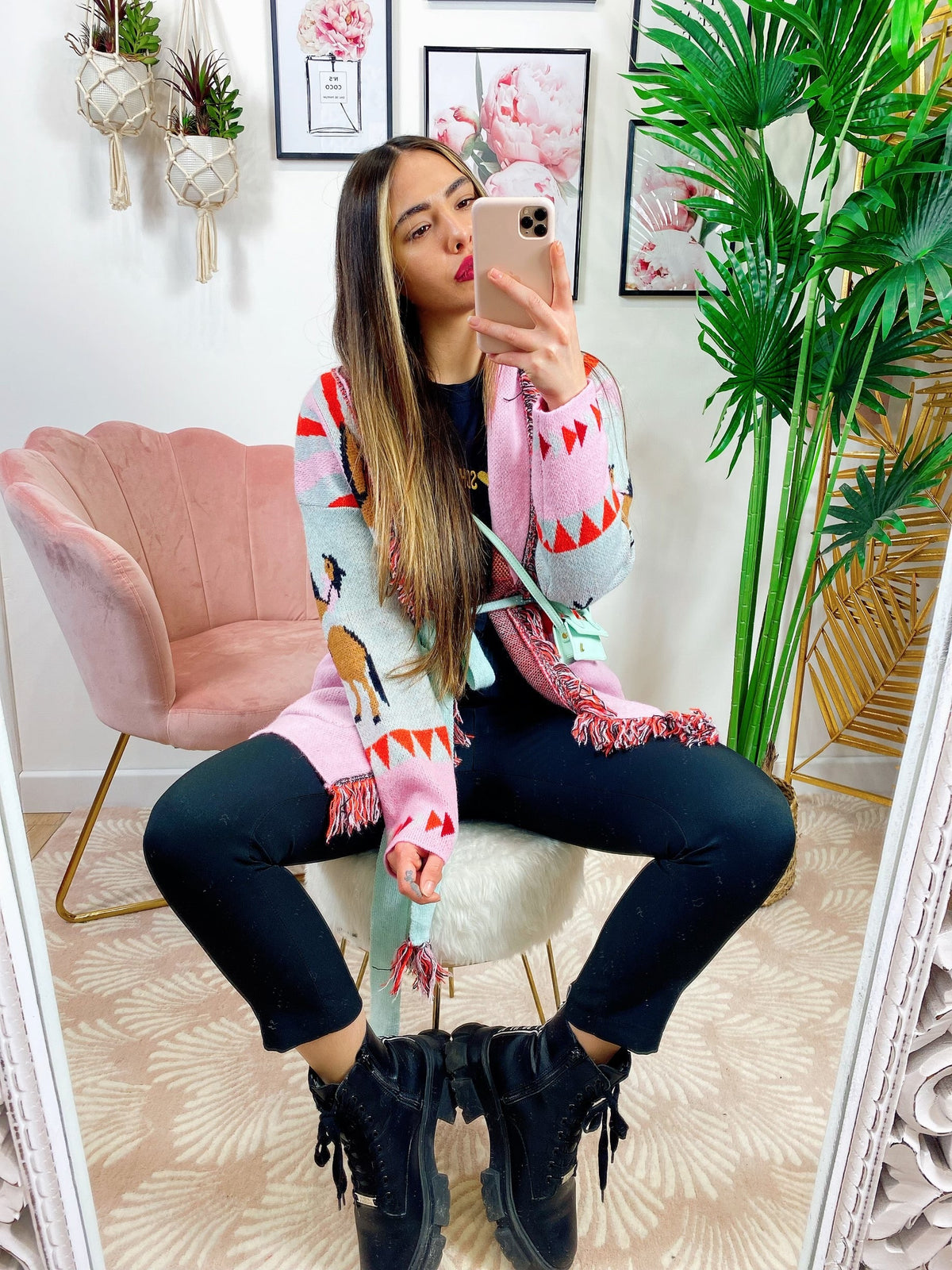 Cardigan con frange stampa cavallo Rosa