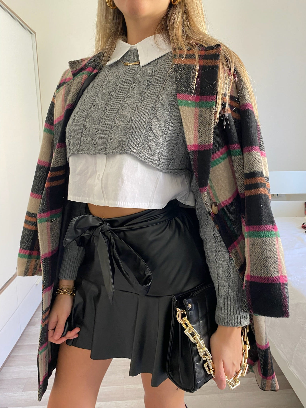 Cappotto check trama nude Fuxia