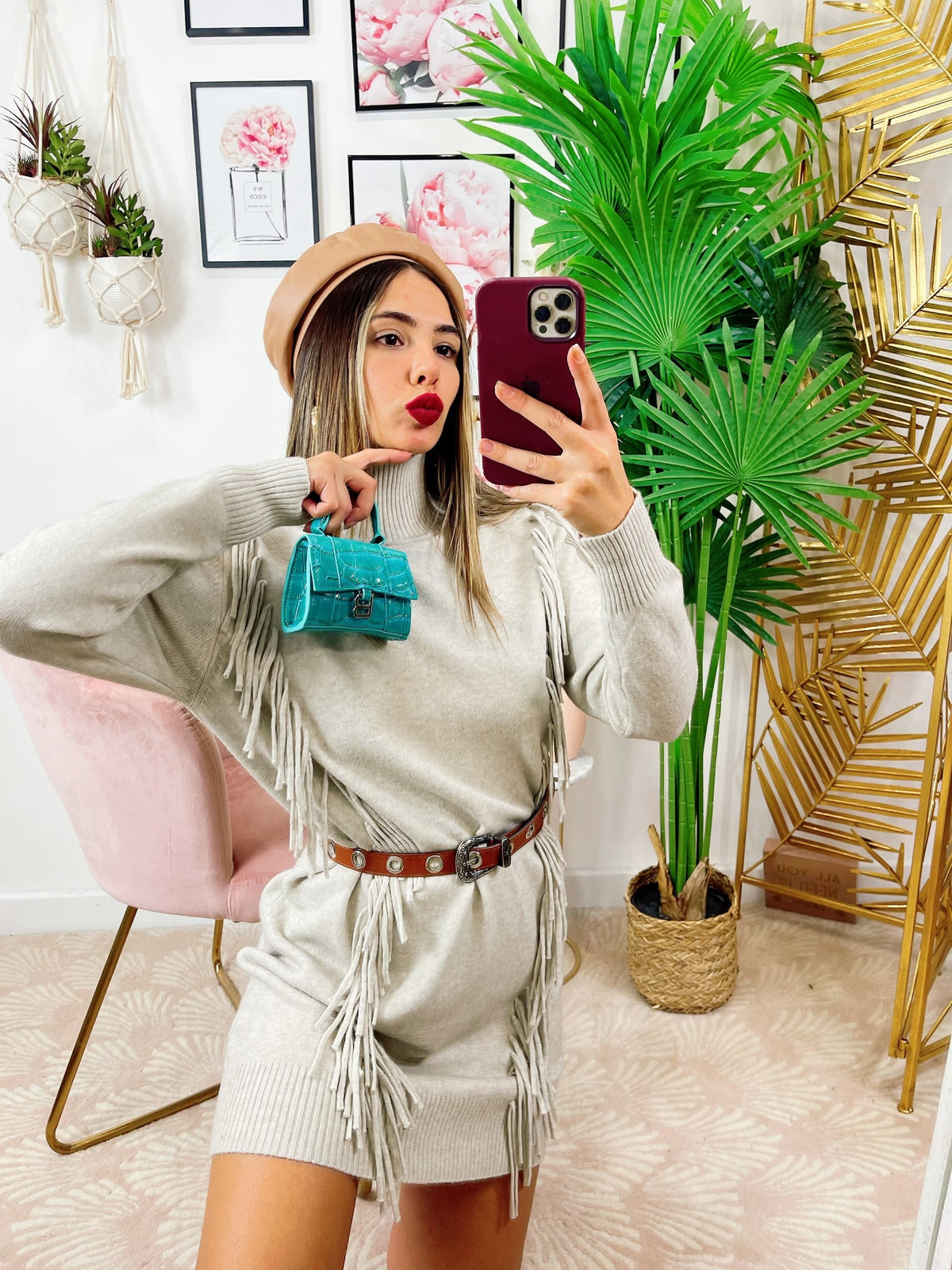 Maxi maglione con frange beige