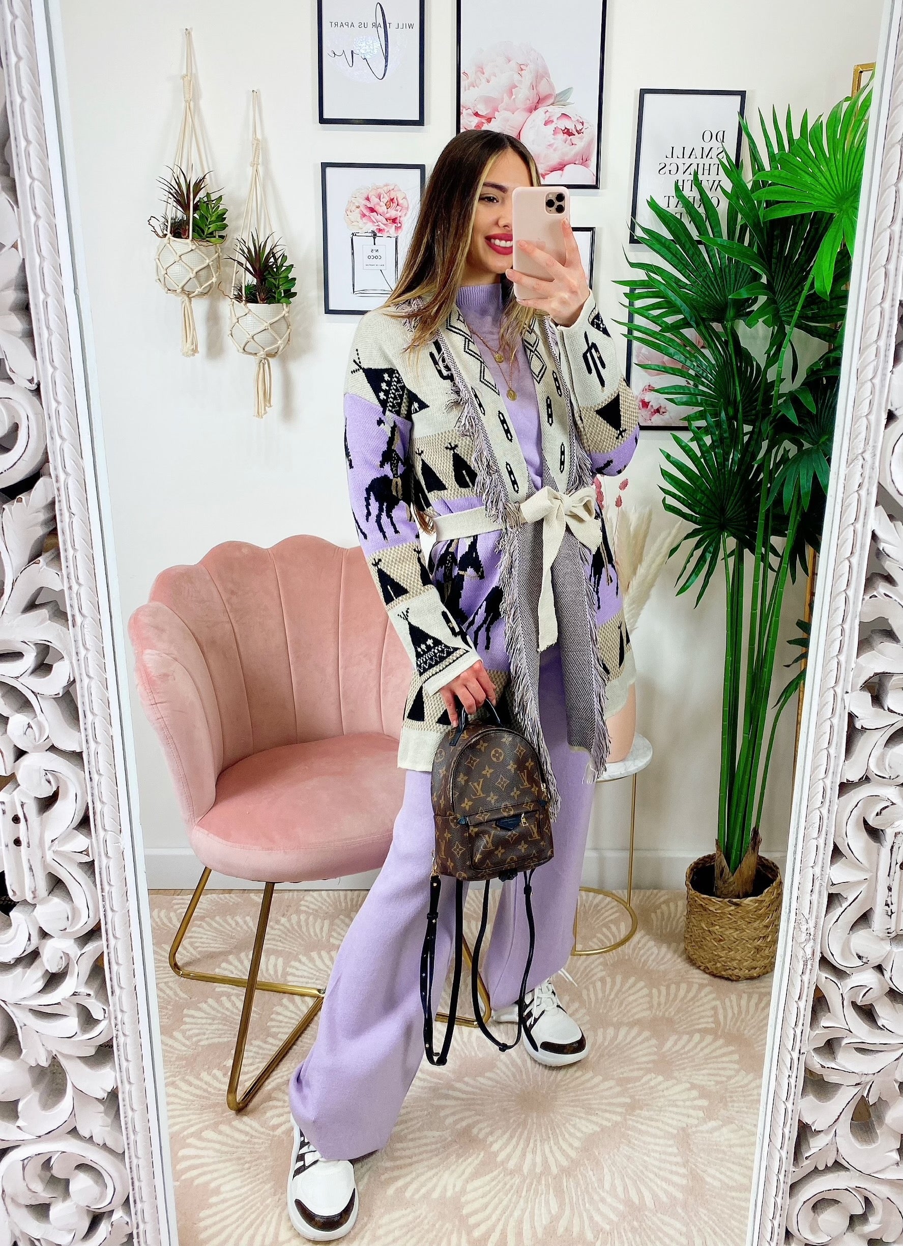 Cardigan con frange stampa cavallo lilla
