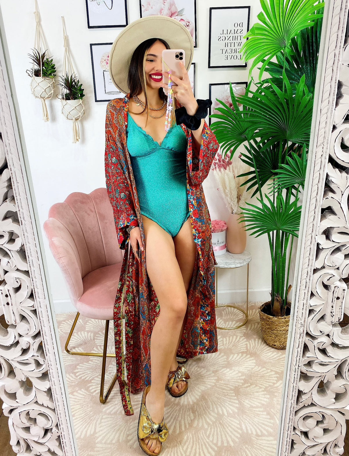 Kimono in seta etnico base Rossa con fiori
