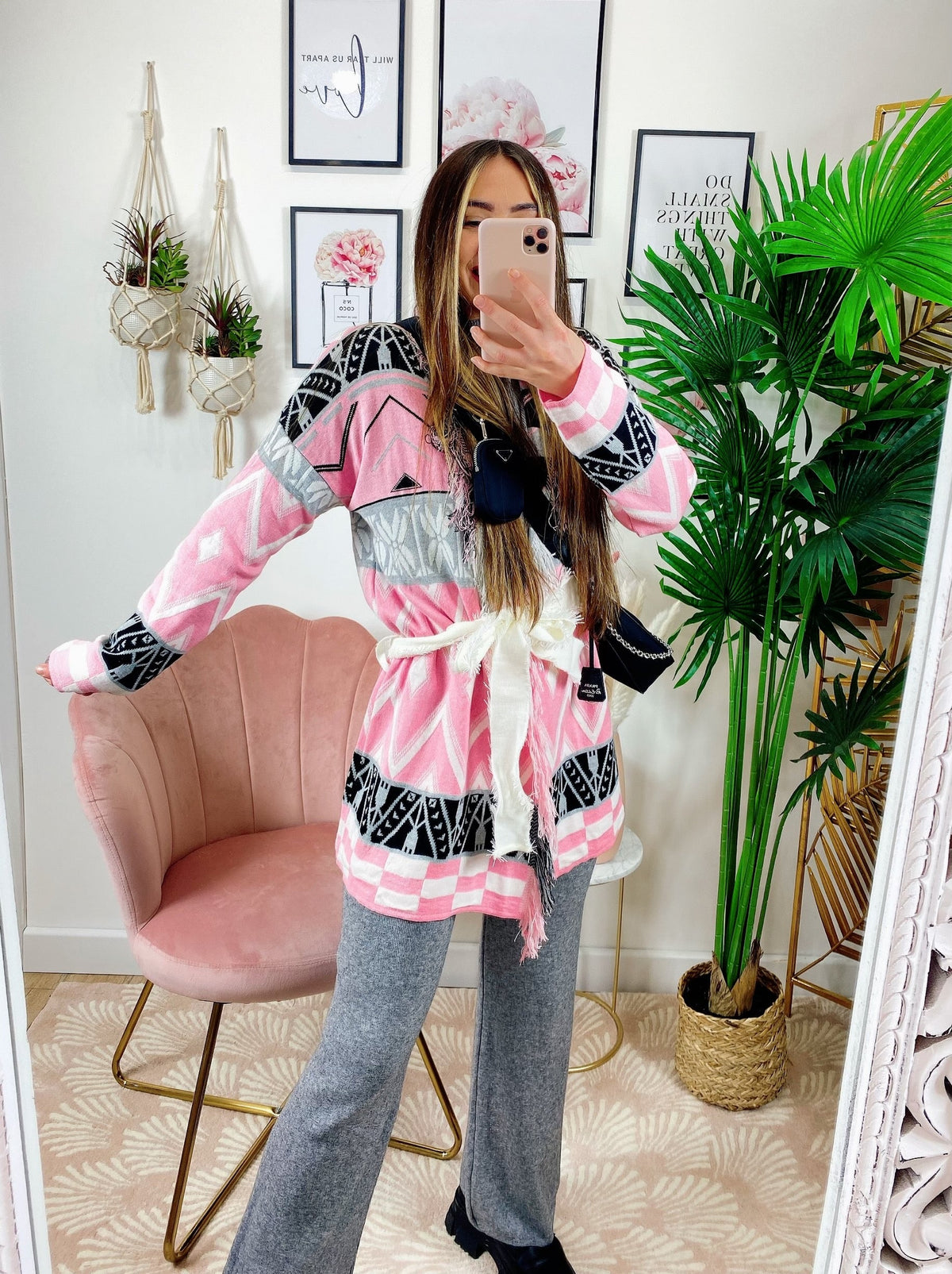 Cardigan con frange e cinta Rosa