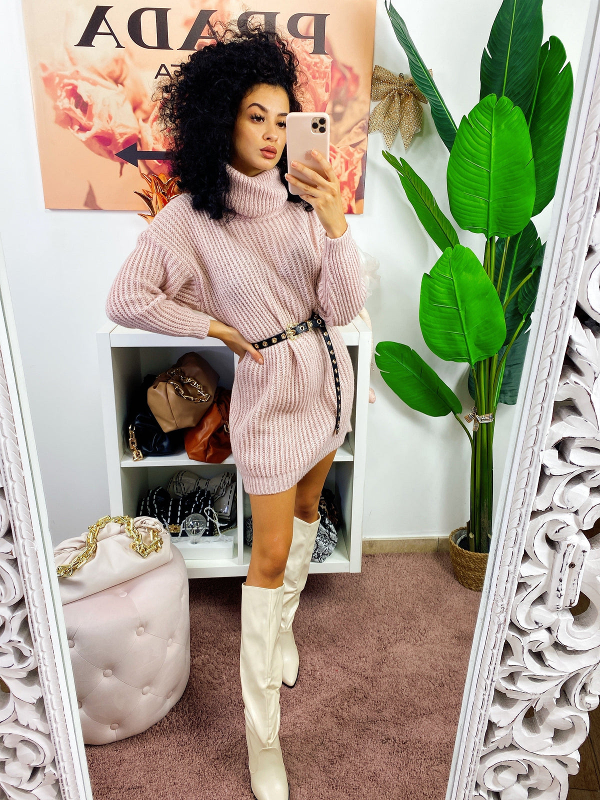 Abito in maglia collo alto rosa cipria