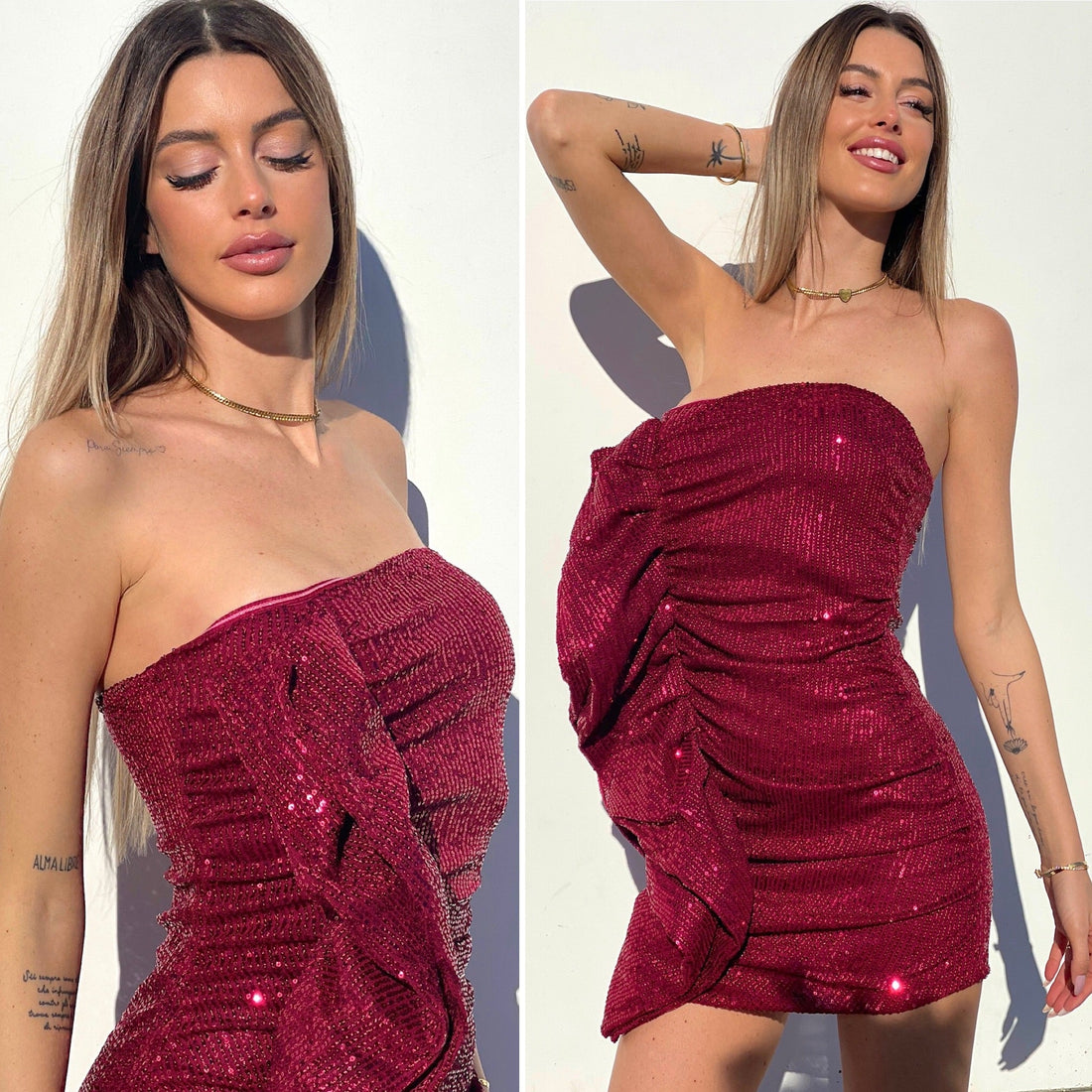 Abito Bordeaux con paillettes e maxi Rouches