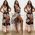 Abito nero in raso con maxi spacco fiori beige