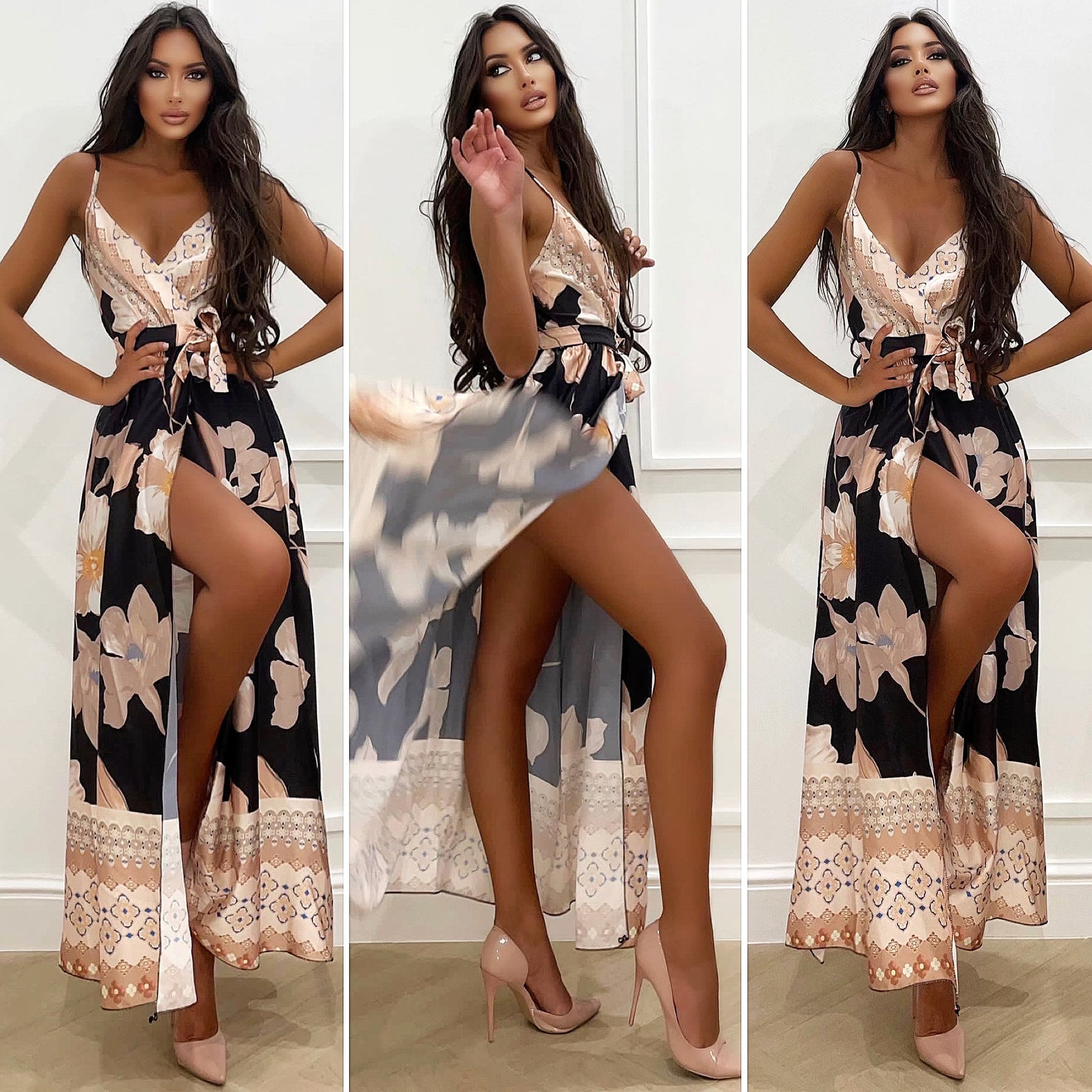 Abito nero in raso con maxi spacco fiori beige