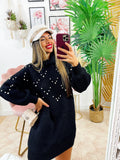 Maxi maglione collo alto con perle Nero