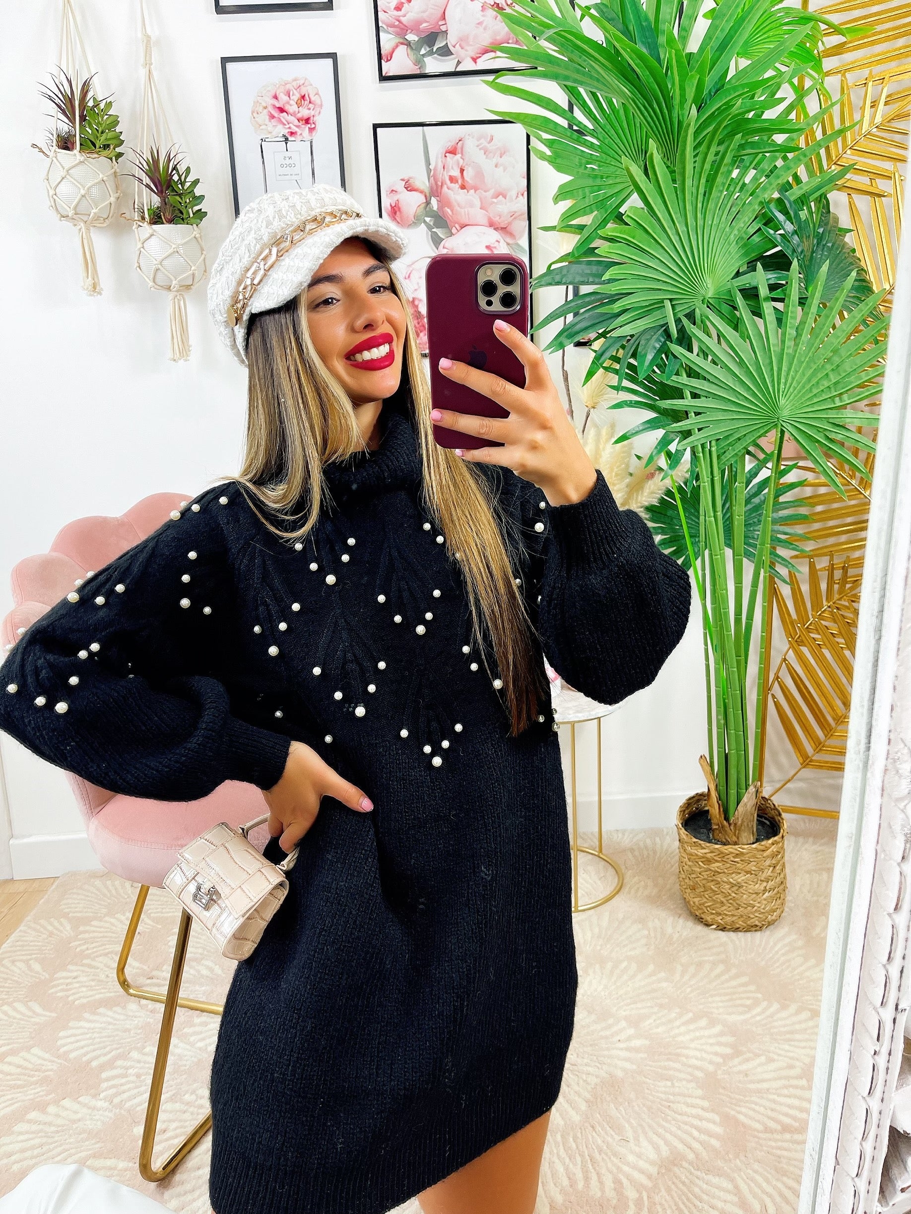 Maxi maglione collo alto con perle Nero