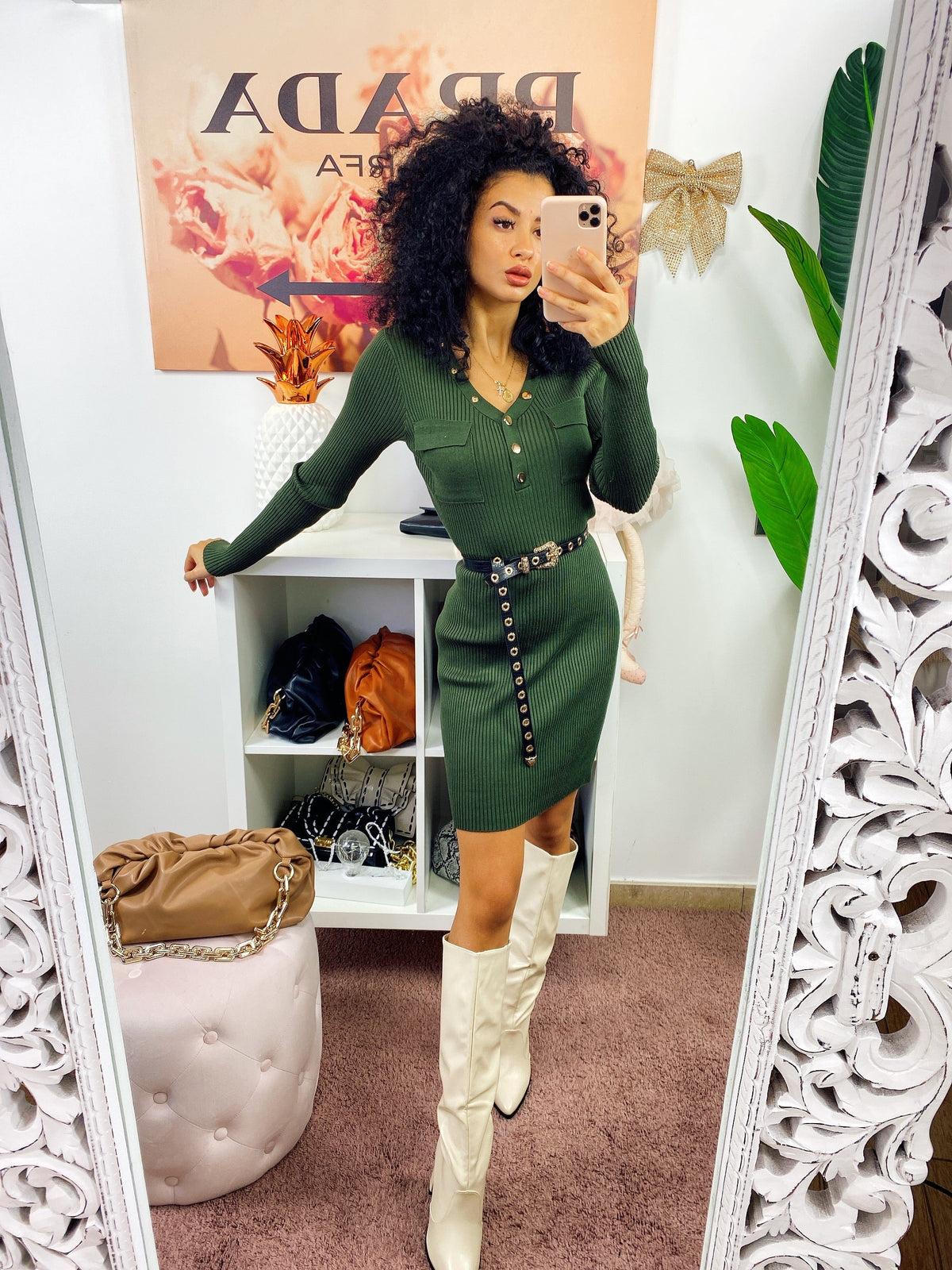 Abito in maglia aderente con bottoni Verde militare