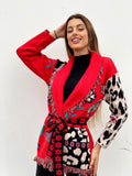 Cardigan con frange e cintura rosso