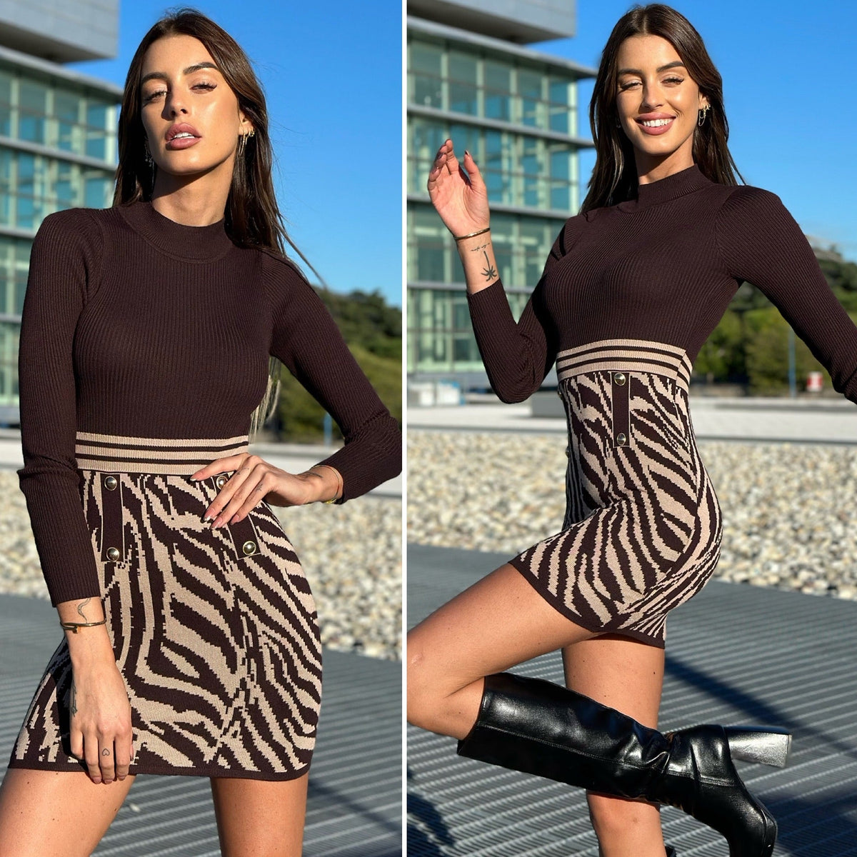 Abito in maglia choco gonna a fantasia zebrata