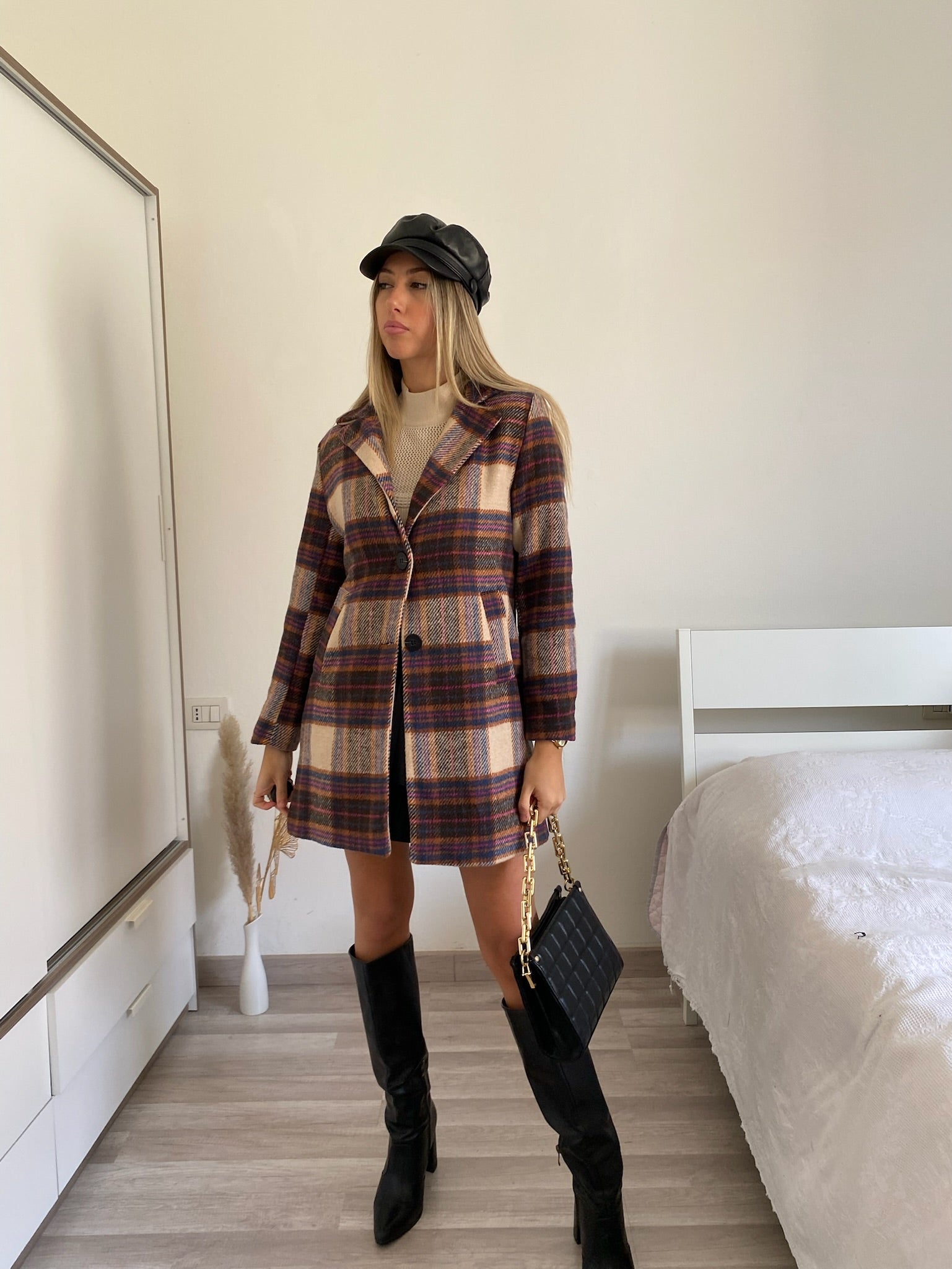 Cappotto check nude