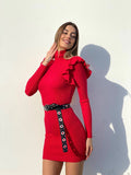 Abito a costine Rosso con Rouches sulle maniche